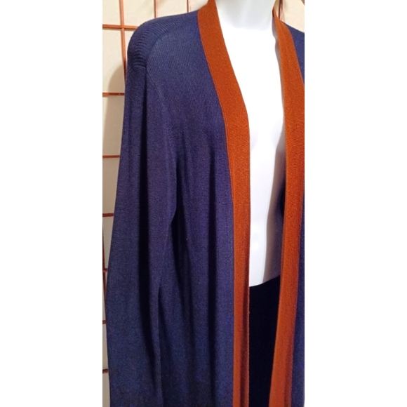 Eileen Fisher Slit Side Tencel/Silk-Blend Long Cardigan - Navy Blue/Brown - Picture 6 of 16